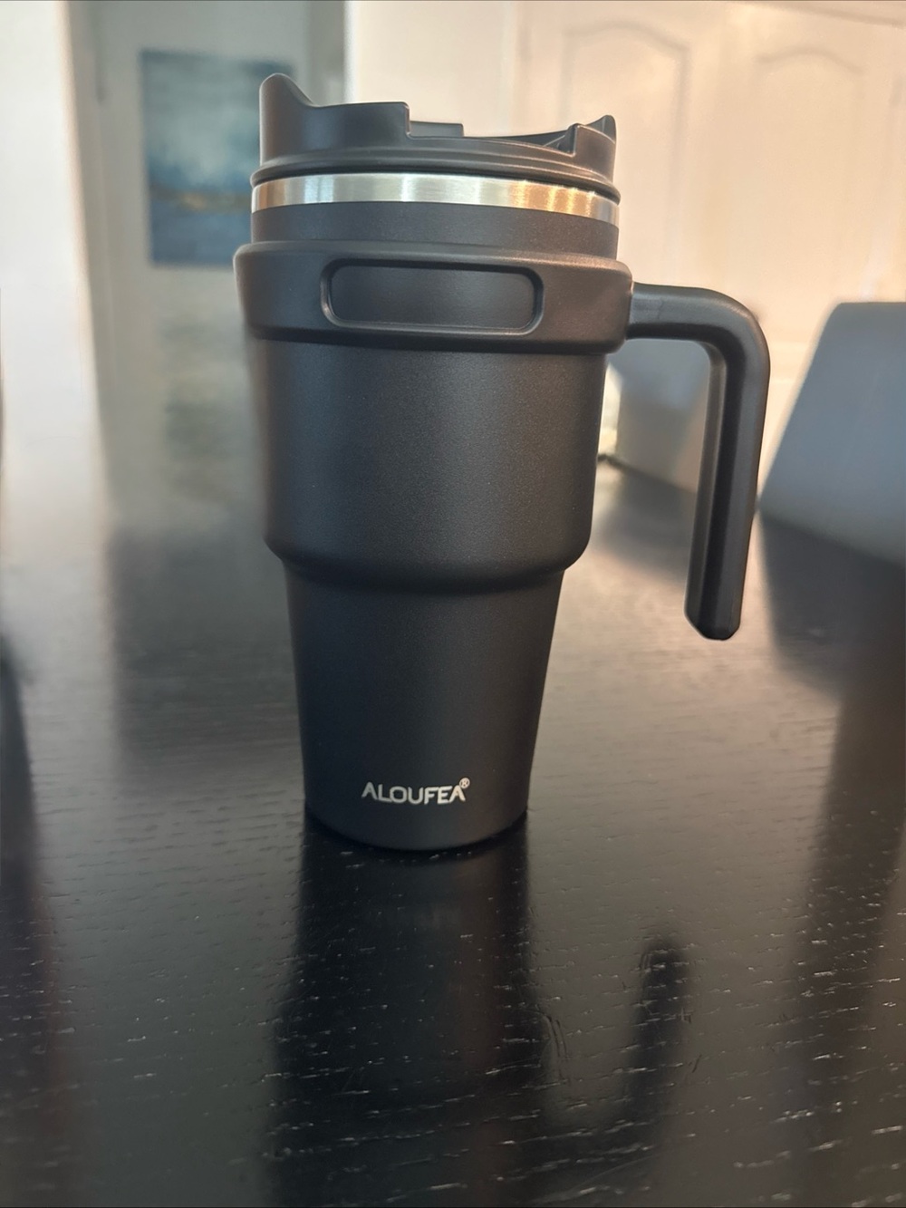 Black Travel Mug with Handle - Insulated Stainless Steel